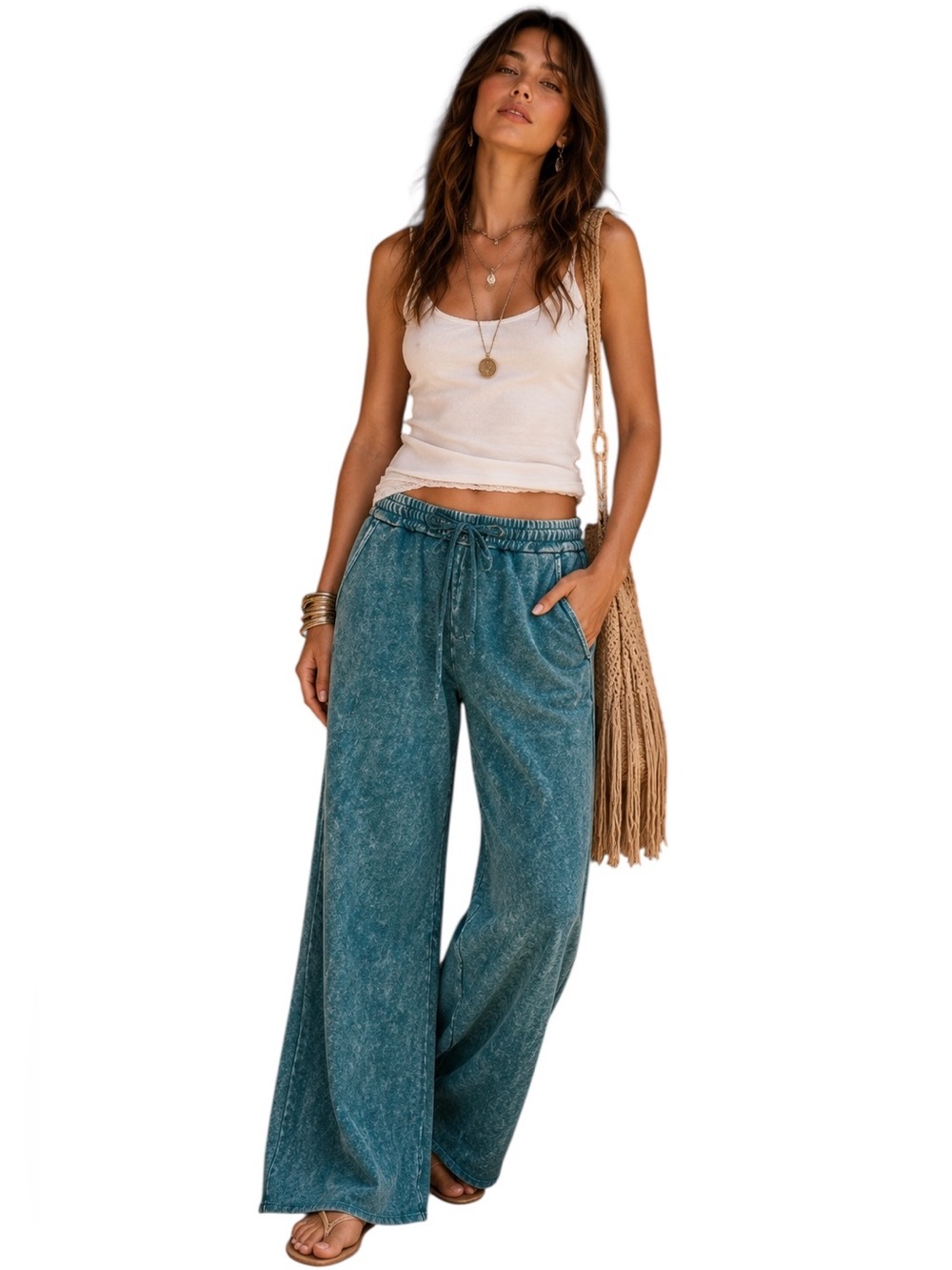 Zenana Teal Wash Cotton French Terry Wide Leg Pants - Picture 7 of 7